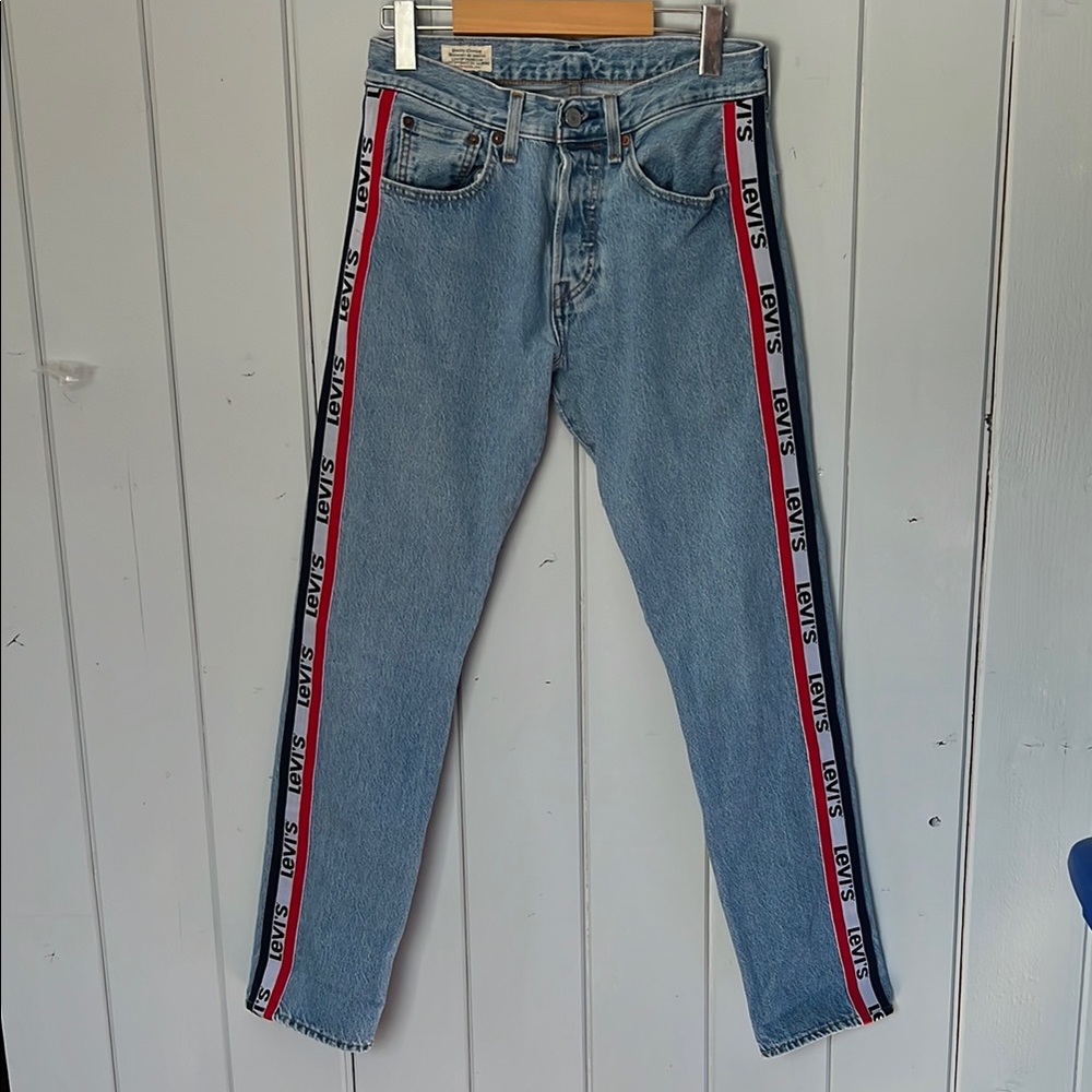 LEVI’S 501 SLIM TAPER SPORTS STRIPE MEN'S JEANS BUTTON FLY SIZE 28 x 32
